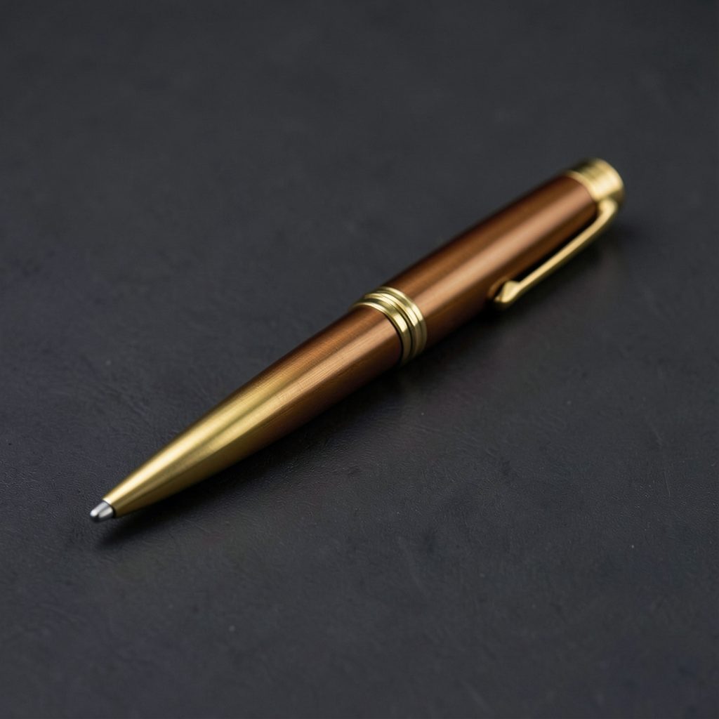 A sleek brass pen with a warm golden-brown metallic finish, resting on a dark surface with soft shadows