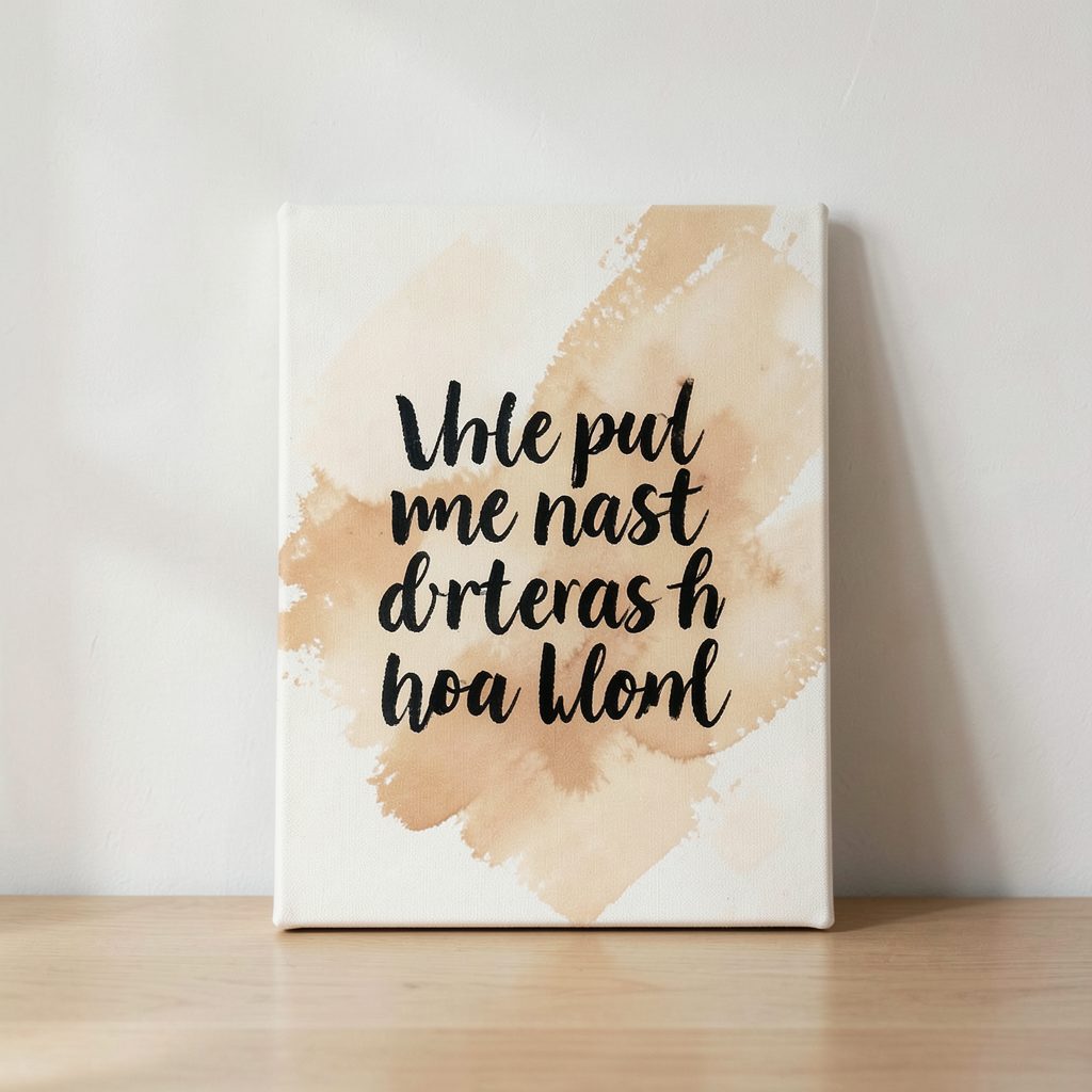 A hand-printed canvas in warm cream tones with black ink lettering, propped against a minimalist interior wall, evoking a quiet and contemplative mood.