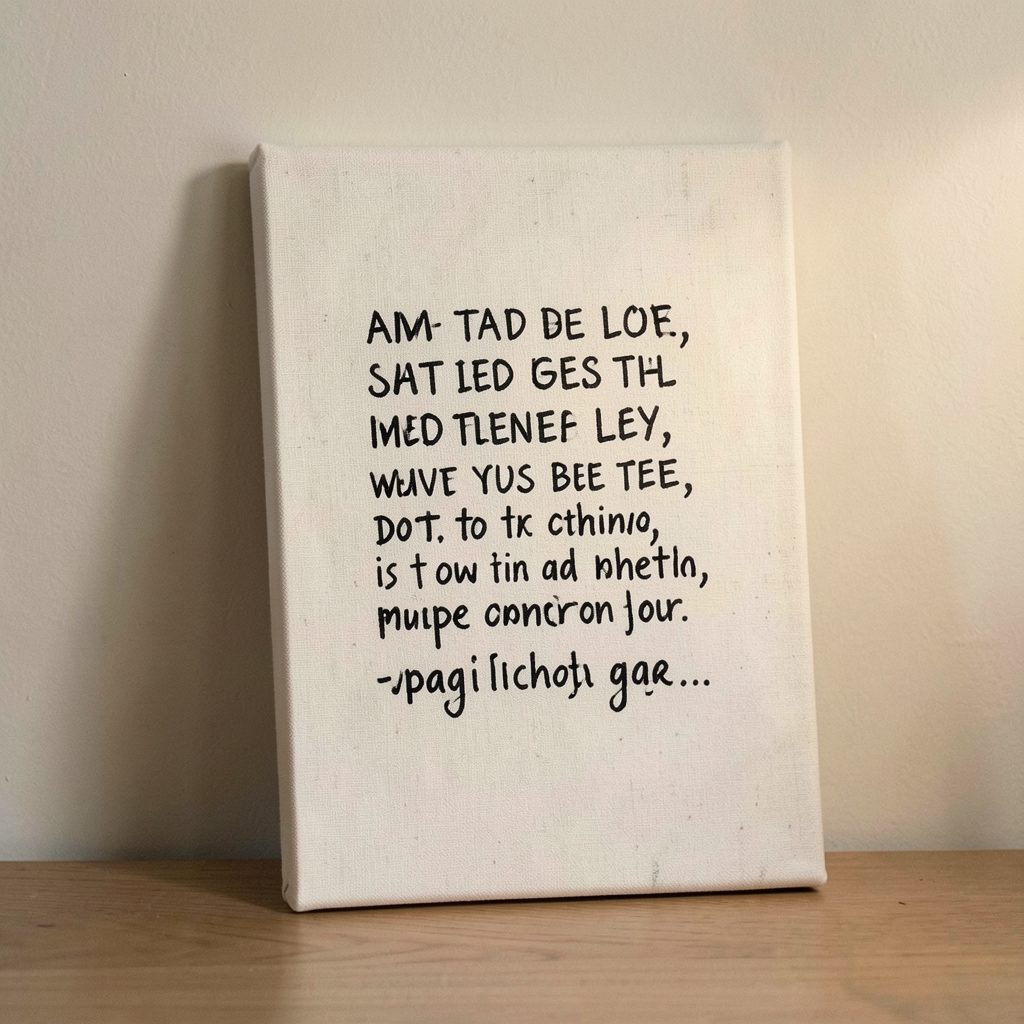 A hand-printed canvas with poetic text in black ink on raw unbleached fabric, leaning against a softly lit wall.