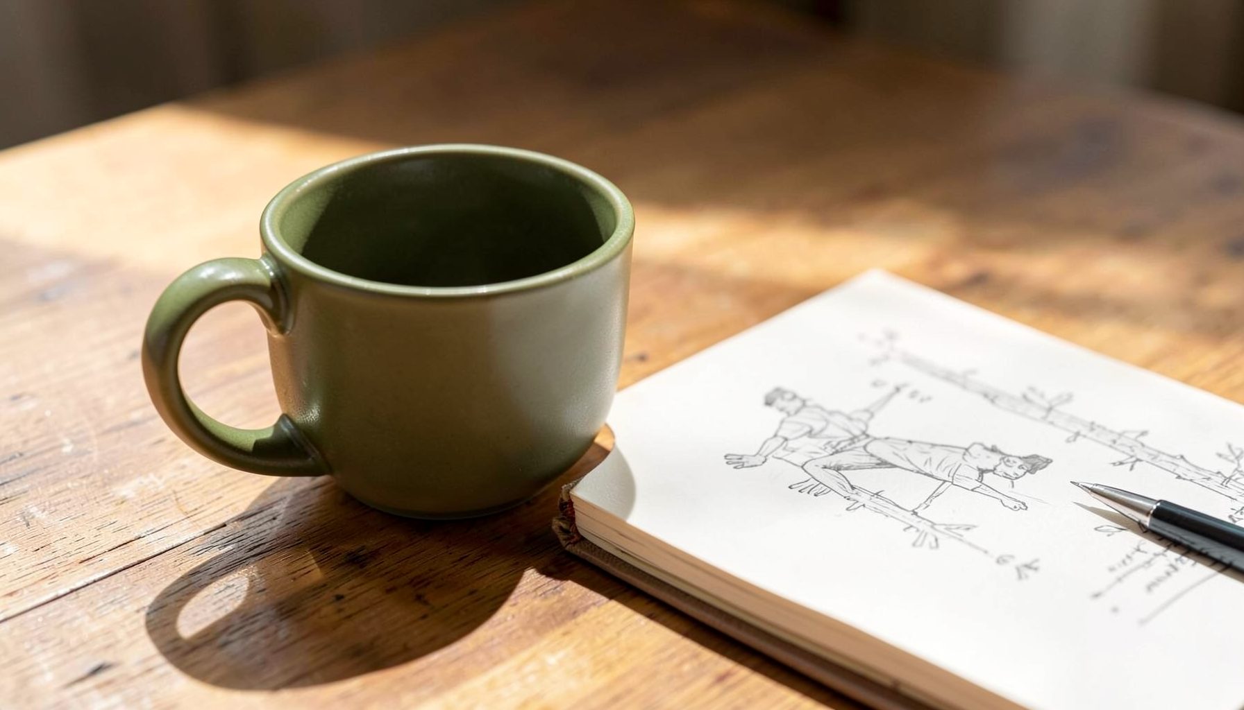 A ceramic cup with a matte olive-green glaze resting beside a sketchbook on a sunlit wooden table