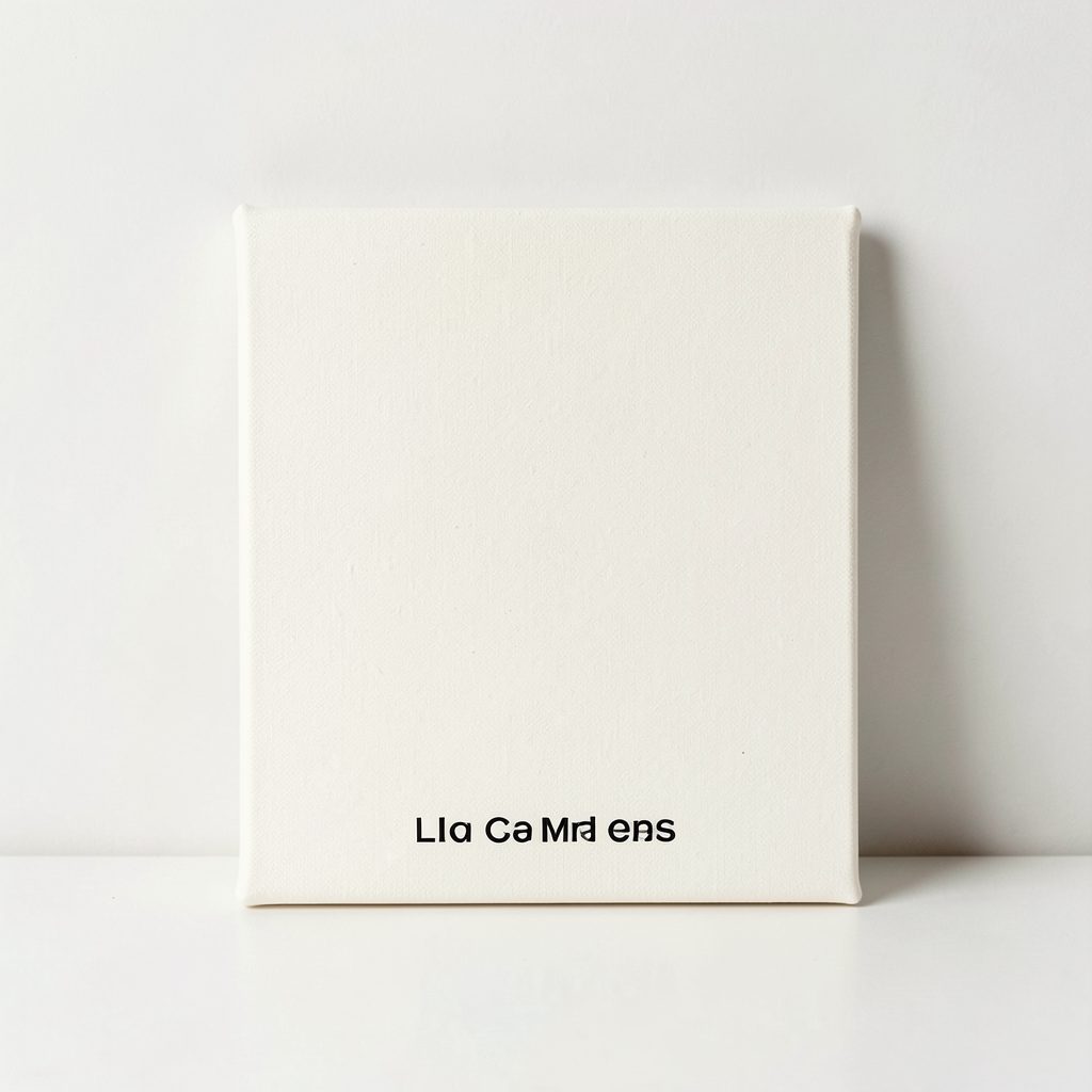 A hand-printed canvas in soft cream tones with black typography, resting against a minimal backdrop