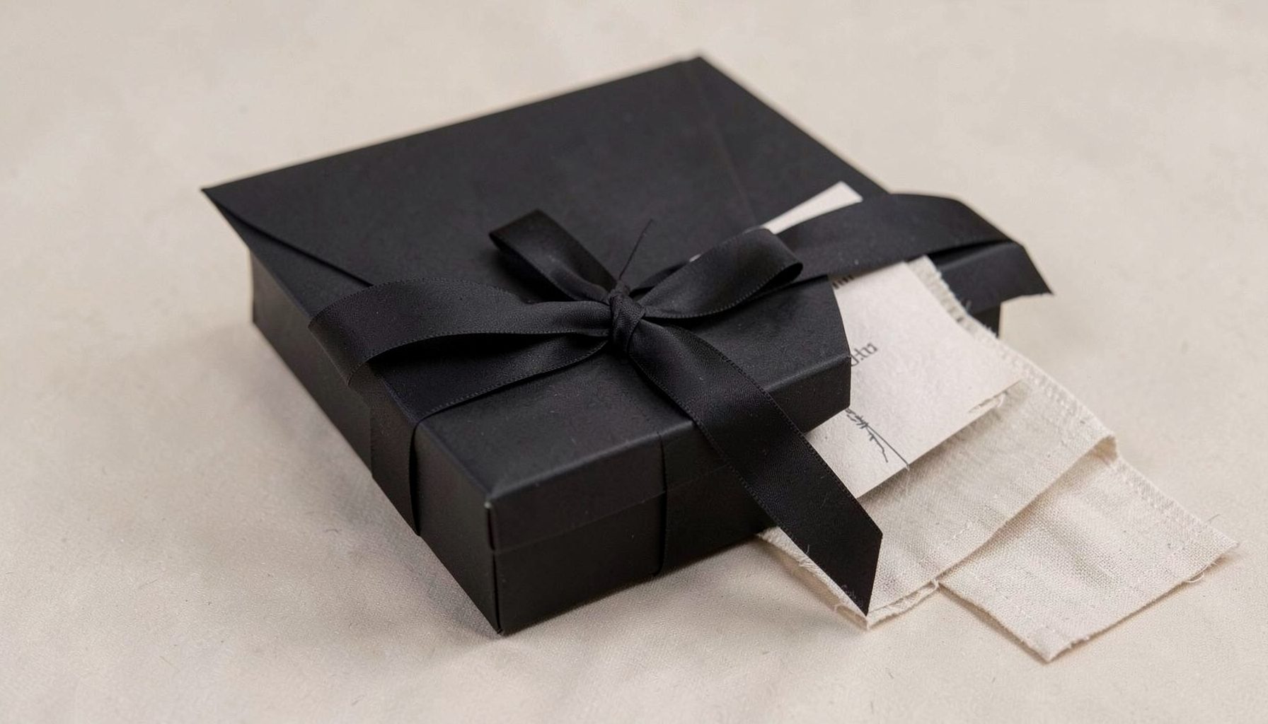 A custom-made gift box being tied with a ribbon, black envelope and linen card visible, soft neutral palette