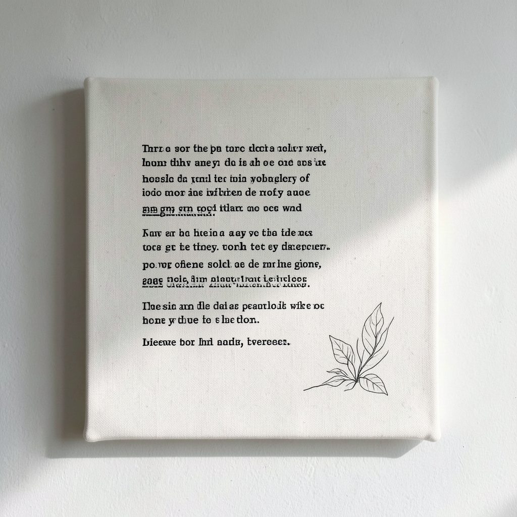 A square raw unbleached canvas with black silk-screened poetry text and a delicate line drawing, mounted on a wall with soft natural light falling across its textured surface.