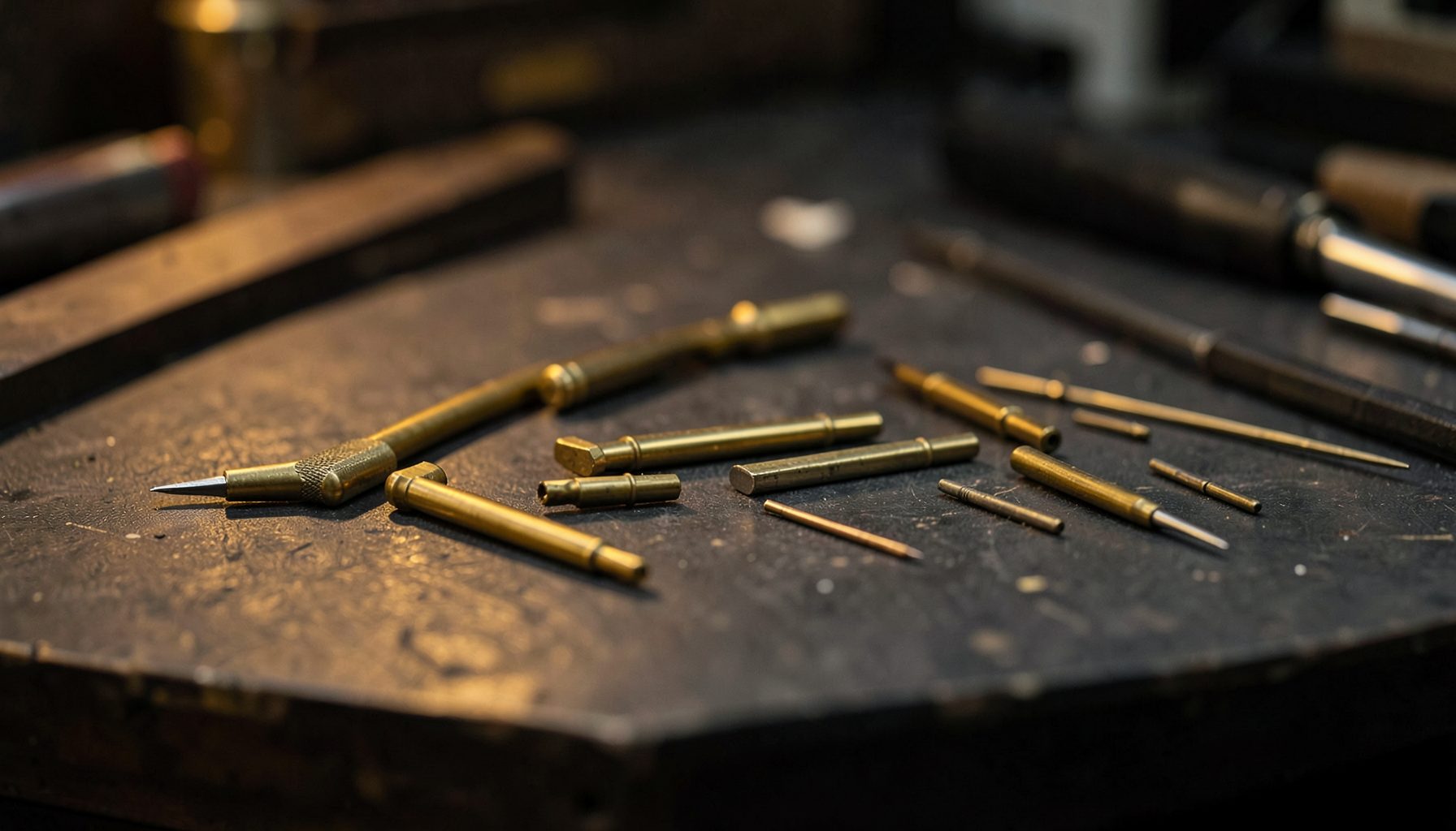 A softly lit workshop bench with brass pen components laid out on a dark surface, warm amber and charcoal tones