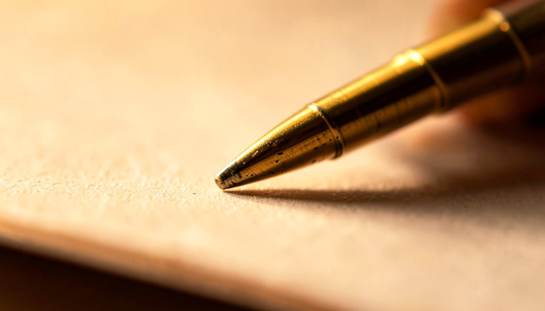 Close-up of a brass pen tip touching paper, warm golden light, shallow depth of field, contemplative mood