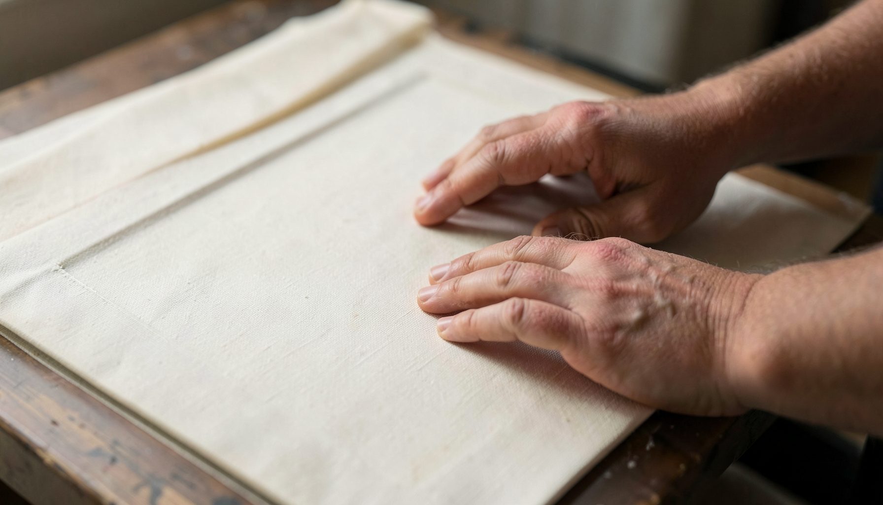A pair of hands smoothing raw unbleached canvas across a silk-screen frame, soft natural light, warm beige and charcoal tones