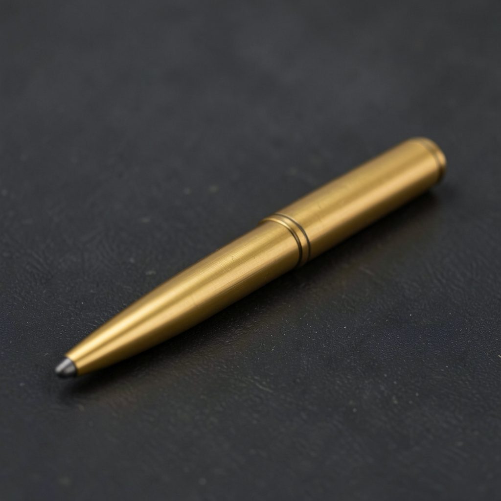 A brass pen with a sleek uniform body and warm metallic glow, resting on a dark surface.