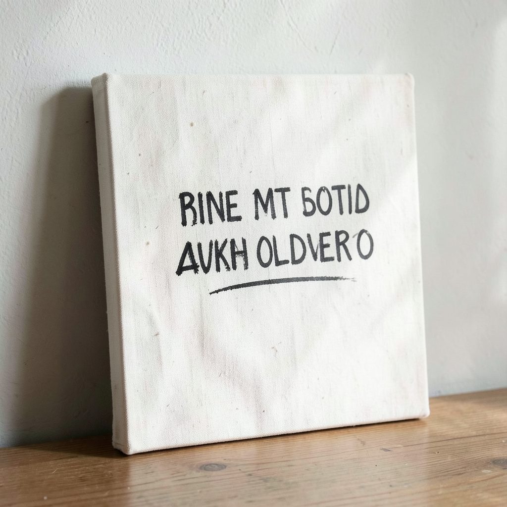 A square hand-printed canvas with black ink text on raw unbleached fabric, leaning against a wall in soft daylight