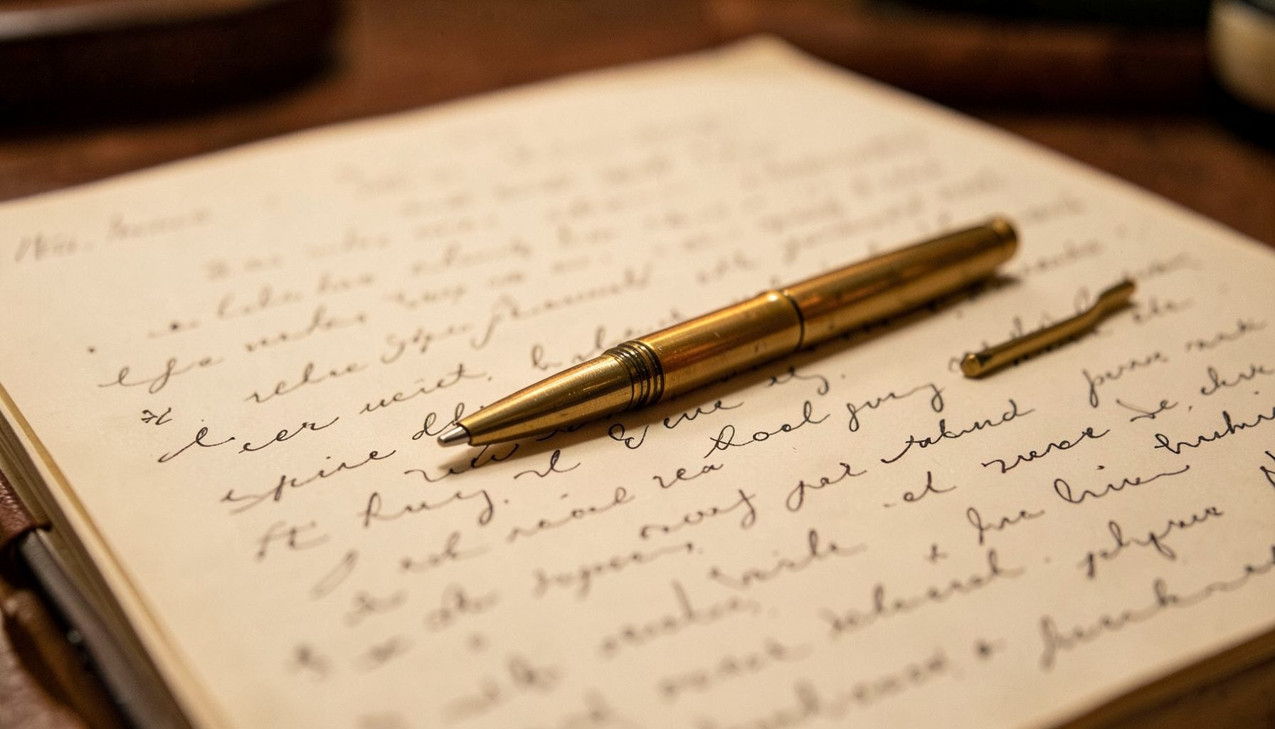 Brass pen resting on a handwritten journal page, warm metallic glow against cream paper, intimate desk setting